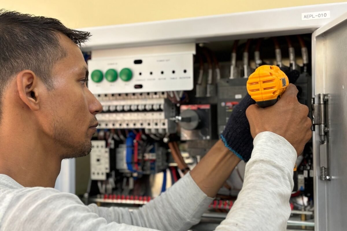 Eletricista realizando manutenção em quadro elétrico residencial