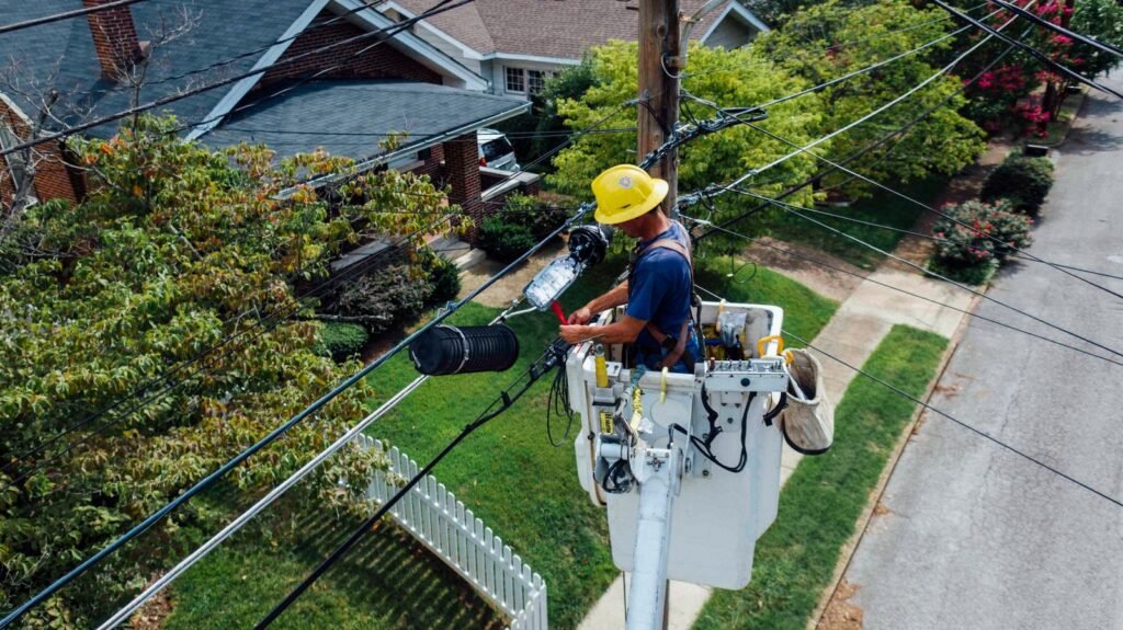 Eletricista reparando fiação elétrica em atendimento comercial no Brooklin, São Paulo