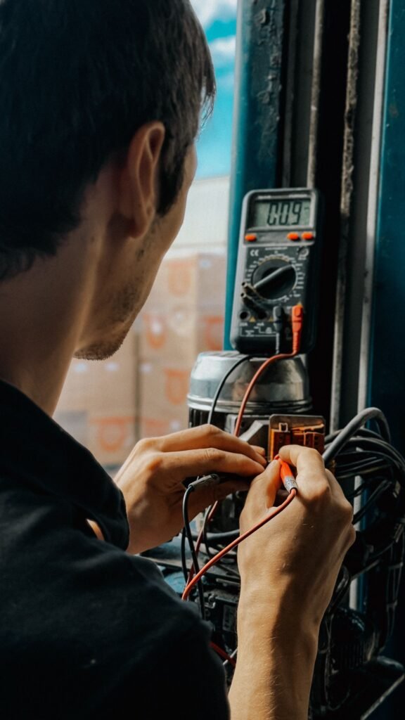 Eletricista revisando instalação elétrica comercial no Bom Retiro, São Paulo